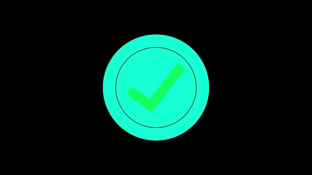 A bright green checkmark symbol within a turquoise circle with a thin black border set against a black background indicating a positive selection or correct answer