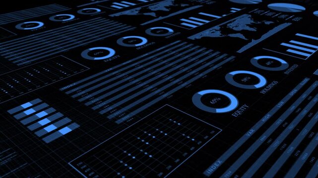 Royal blue color bar chart with growing business concept advanced data analysis algorithms dashboard display black stock market background