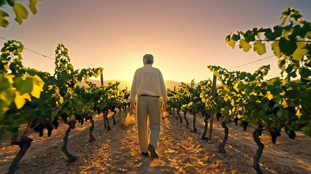 Senior winemaker walking through vineyard rows at sunset inspecting grapevines during golden hour back view