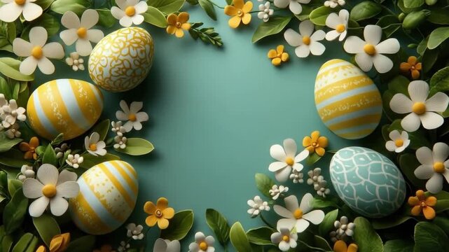 Colorful easter eggs with floral arrangement on teal background. Easter, Pascha, Paskha, Ostern, Pascua, Paques - Orthodox and Catholic Holiday celebration