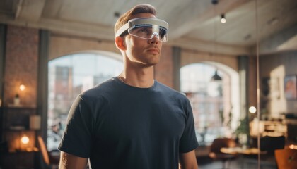 Focused young man wearing smart glasses inside a modern office