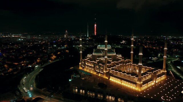 Night aerial drone view of Camlica Mosque Istanbul Turkey