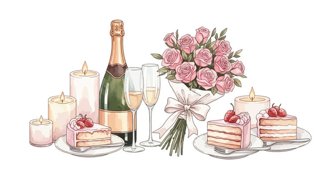 A romantic dinner setting with cake, champagne, flowers, and candles viewed from the front in an elegant environment