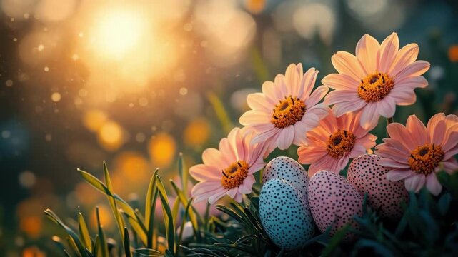 Sunlit blossoms and decorated eggs in a serene spring garden scene. Easter, Pascha, Paskha, Ostern, Pascua, Paques - Orthodox and Catholic Holiday celebration