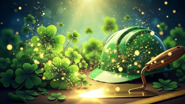 Green worker hard hat and golden trowel with vibrant shamrock plants. St. Patrick's Day construction, luck, and prosperity concept.