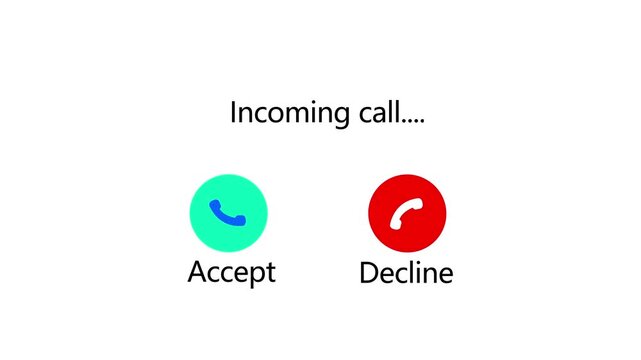A digital interface screen an incoming call notification with options to accept via a cyan phone or decline via a red phone on a white background Keywords: incoming call notification, digital