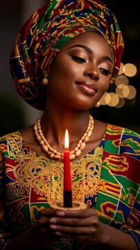 Slow motion tracking shot of woman holding candle in colorful traditional attire indoors with bokeh lights