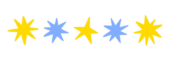 Crayon hand drawn stars, twinkle magic symbols. Shine, spark or light chalk elements. Sketch silhouettes of sparkle icons on transparent bg. Doodle gold and blue glitter sparks, vector illustration © Vodoleyka