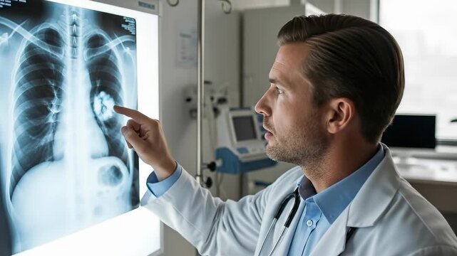 Physician examining chest X-ray, analyzing images for potential lung disease, performing a critical medical diagnosis, professional focused on respiratory health