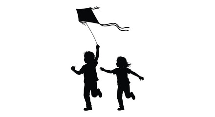 Two children joyfully playing with a flying kite against a bright backdrop captured as a striking silhouette high quality professional detailed © rabbivay