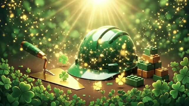 Green construction worker hard hat with trowel and clover. St. Patricks Day celebration of Irish heritage and luck for builder.