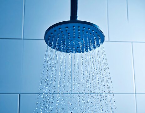 A shower head with water droplets on blue tiles