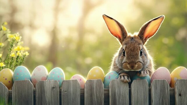 Cute bunny with easter eggs on fence in spring garden. Easter, Pascha, Paskha, Ostern, Pascua, Paques - Orthodox and Catholic Holiday celebration