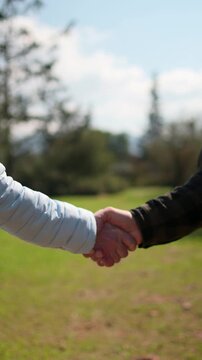 A  man and a woman are giving a warm  handshake outdoors in a park of the city. Vertical footage, shallow depth of field.