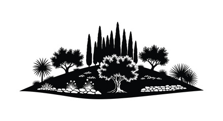 A striking black landscape featuring various trees and shrubbery creating a dramatic visual effect silhouette high quality professional detailed modern elegant © rabbivay
