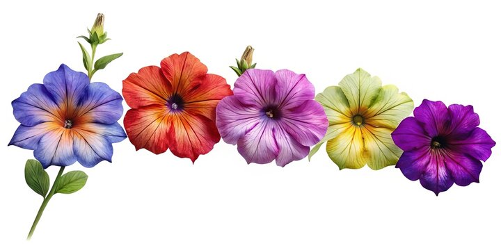 Vibrant array of petunia flowers in varying colors and shapes isolated on white