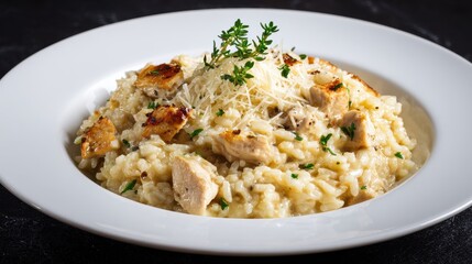 Creamy chicken risotto with parmesan cheese and herbs