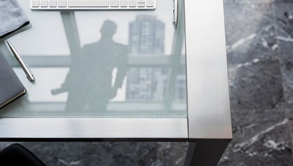 Obraz premium minimal glass desk with office reflection — template for branding