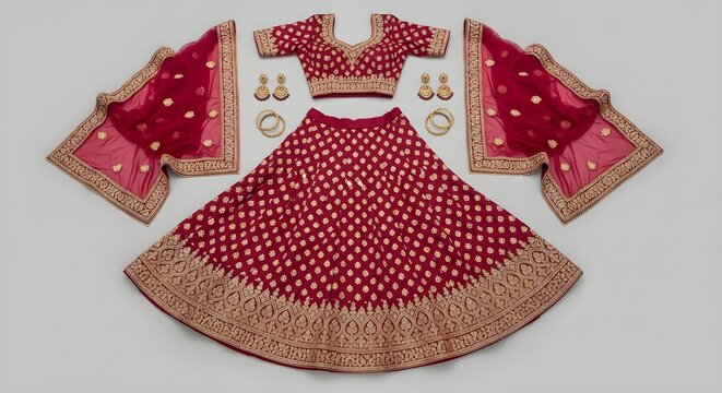 Luxurious traditional Indian maroon lehenga choli ensemble featuring intricate gold embroidery and matching sheer dupatta accessories perfect for festive occasions.
