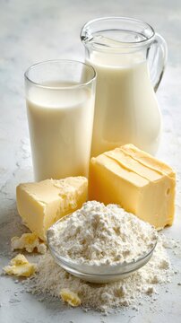 Dairy products with milk, butter, and flour on a rustic surface
