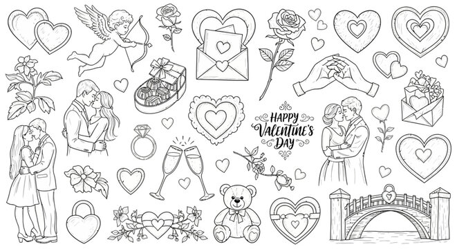 Romantic illustrations depicting various Valentine's Day scenes and symbols, including couples, hearts, flowers, and gifts in a whimsical line art style.