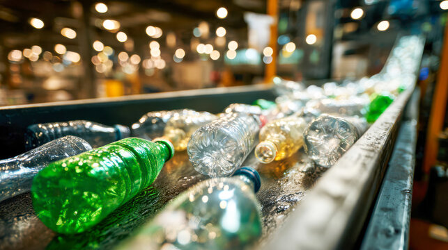 Bottles being sorted on a conveyor belt in a recycling facility during the day