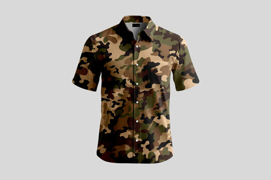 A short sleeve camouflage button-up shirt is displayed against a neutral background for a clothing mockup.