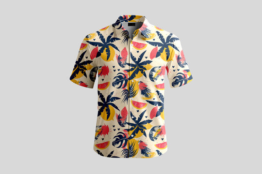 A short-sleeved men's button-up shirt with a vibrant tropical pattern featuring dark palm leaves and yellow abstract shapes on a cream base.