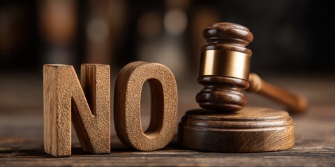 Fototapeta premium Gavel and the word NO on a wooden surface representing legal rejection