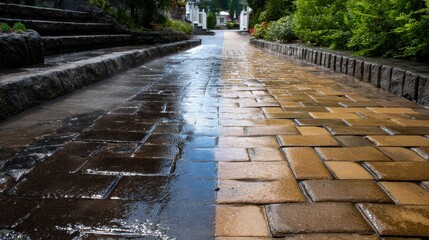 Naklejka premium Half cleaned pavement path with power washer