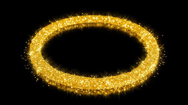 A golden glitter circle sparkles brightly against a dark background. This shimmering frame evokes luxury and celebration.