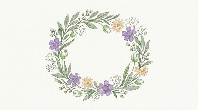 delicate flower wreath, green leaf circle, spring floral frame, white background art, pretty flower arrangement, botanical leaf border, soft pastel colors, elegant floral ring, natural plant frame