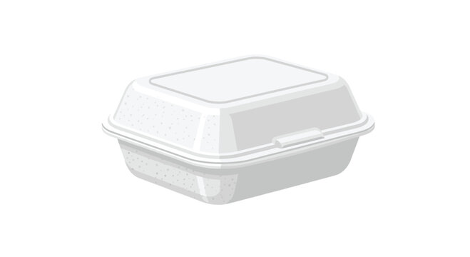 An angled view reveals a closed white styrofoam food container with subtle granular texture on its sides on a clean white background.