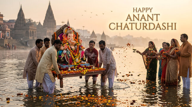 People celebrating anant chaturdashi by carrying decorated idol in water with flowers and temple in background at sunset