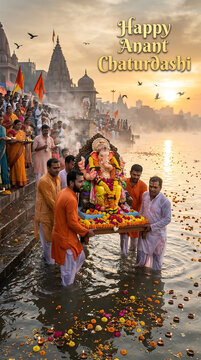 Men in traditional indian clothing carrying colorful idol in river during anant chaturdashi celebration at sunset