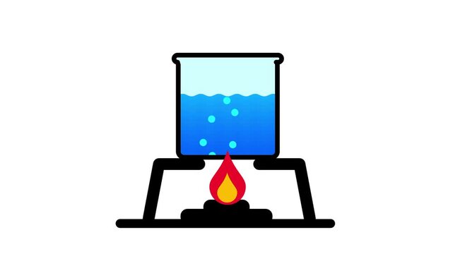 A glass beaker filled with blue liquid sits on a metal stand over a hot flame to demonstrate the scientific process of boiling and heat transfer