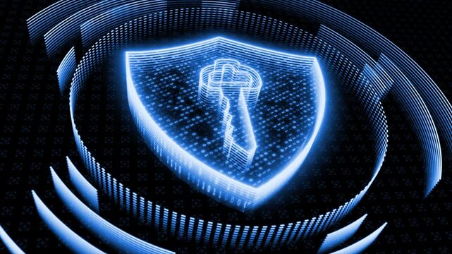 Royal blue color futuristic cybersecurity technology digital shield and key data protection black technology background