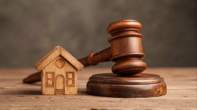 Court themes with a wooden gavel and a small house model showing legal and property aspects of real estate