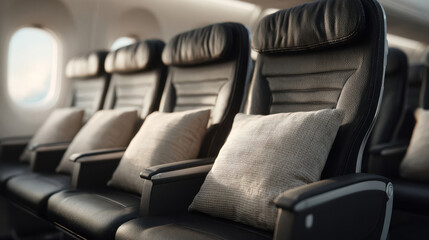 Interior view of empty airplane seats with pillows in a modern aircraft cabin