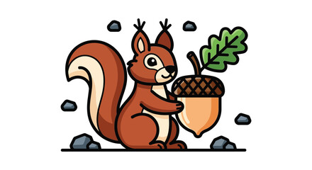 A charming cartoon illustration depicts a squirrel clutching an acorn showcasing a playful simplistic silhouette high quality professional detailed modern elegant © rabbivay