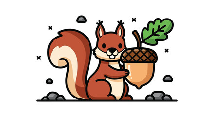 A charming illustration depicts a squirrel holding a large acorn amidst stylized foliage a delightful silhouette high quality professional detailed modern © rabbivay