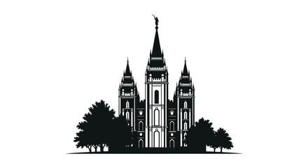 Naklejka premium A striking black silhouette of the salt lake temple framed by trees depicts its iconic architectural design silhouette high quality professional