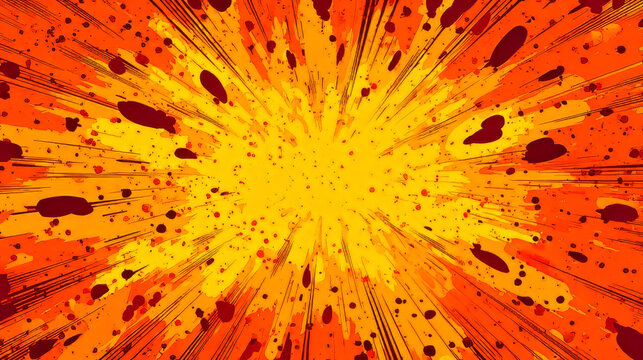 Yellow anime explosion background with bright orange and red paint splash, comic style radial burst, dynamic battle speed effect, superhero action energy, vibrant cartoon vector illustration for drama
