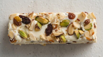 Dessert bar topped with almond, pistachio and raisin. Creamy sweet pastry snack with nut. Healthy bakery treat, gourmet confectionery food item for menu or culinary blog background.
