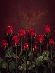 Obraz premium Roses are arranged along the lower edge against a dark background with a romantic feel, suitable for advertisements related to Valentine’s Day.