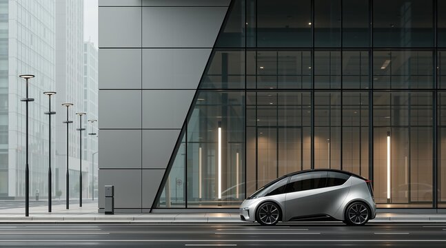 Silver concept car parked near glass facade of modern building. Futuristic electric vehicle on city street. Innovative transportation design and sustainable urban mobility engineering.