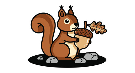 A charming cartoon squirrel happily clutches a large acorn amidst stones showcasing a clean silhouette high quality professional detailed modern elegant © rabbivay