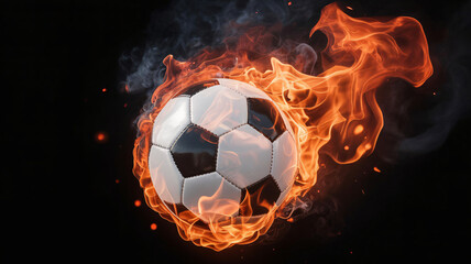 Naklejka premium Flaming soccer ball engulfed in vibrant orange fire and smoke