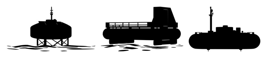 Solar-powered desalination buoy set with solid black silhouette featuring ocean technology, sharp edges, and floating design with clean white background © MdRonok