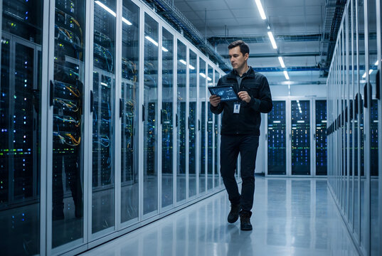 IT specialist walking with tablet in modern data center aisle near servers